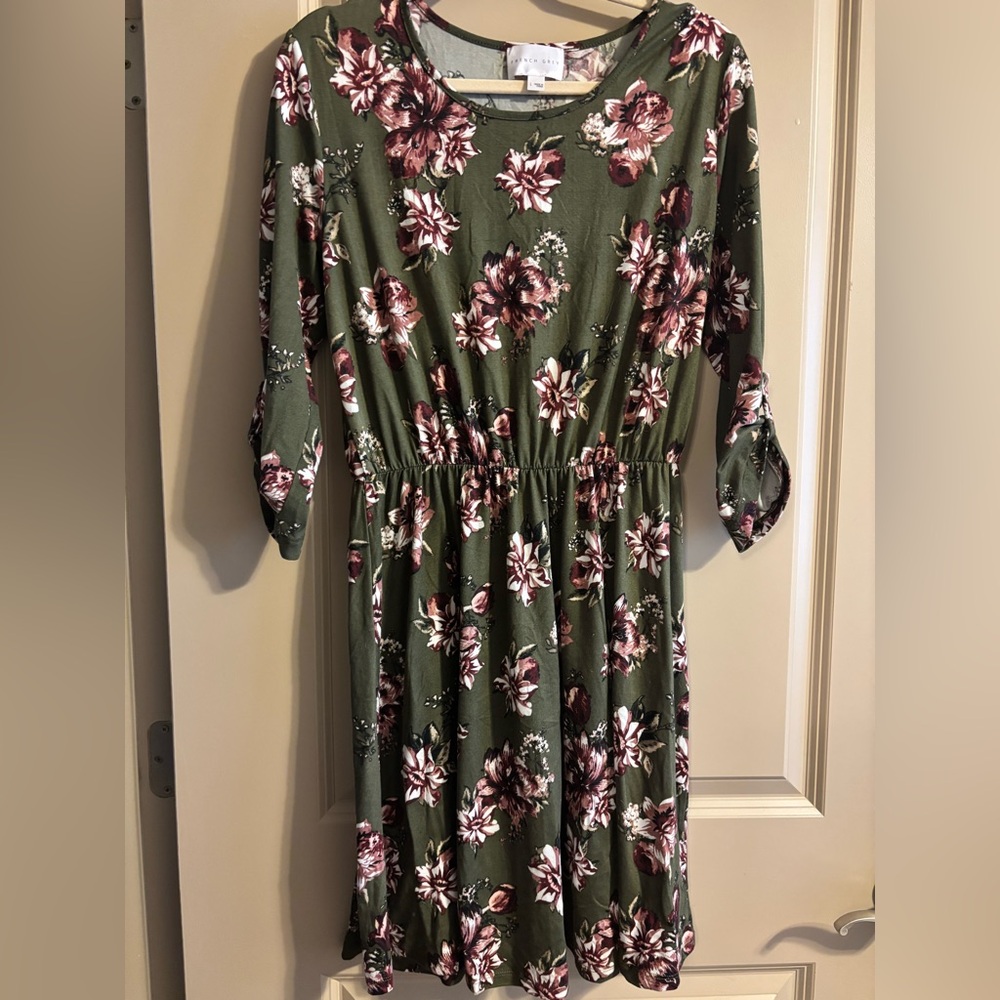 Stitch Fix French Grey Floral Dress with Olive Green and Pink